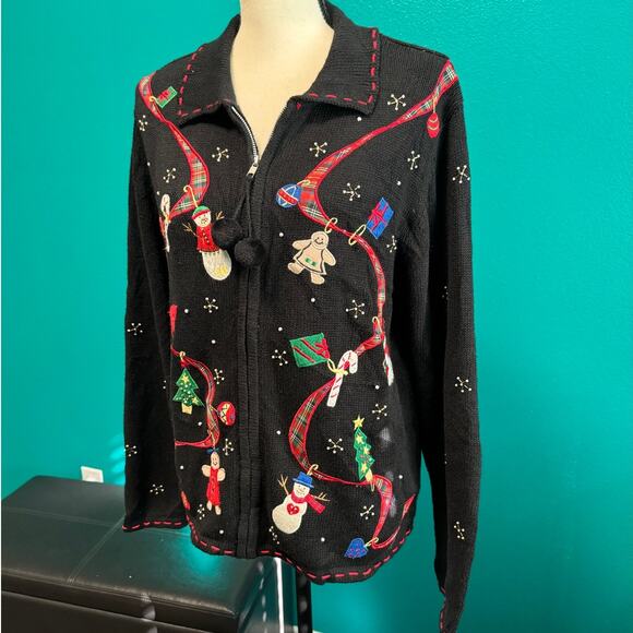 Erika Vintage Black Zip Christmas Gingerbread Snowman Knit Sweater Medium - Picture 5 of 13